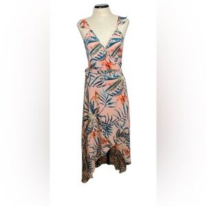 Izzy & Lola High Low Wrap Dress in Pink and Green Tropical Print. Size S.